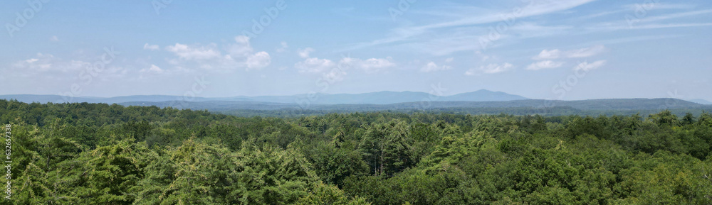 view of catskill mountains in daytime (catskills, new york state, drone image of hills and trees) landscape, nature, blue sunrise