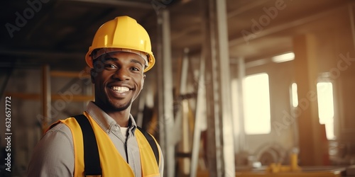 Portrait of a happy and cheerful African American young builder man wearing a yellow hard hat.