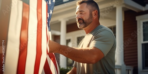 A proud American homeowner flies the national flag of the United States of America over his home.