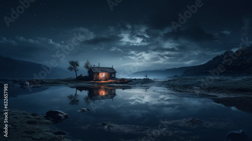 a small house with a light on in the dark
