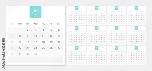 Calendar 2024 week start Sunday corporate design template vector. Desk calendar 2024. 