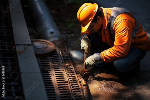 A plumber wearing orange clothes and hard hat repairing a drain in a sewer trench.