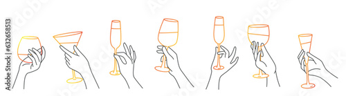 Set of different hands gestures hold wineglass or drink cocktails.