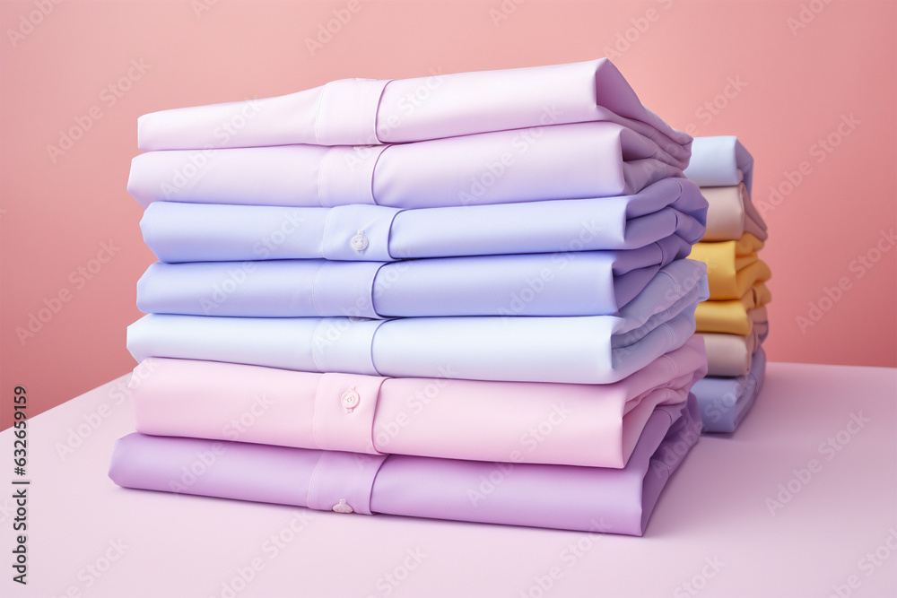 Fototapeta premium Pastel colored folded shirts on pink background