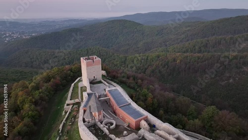Aerial drone shot of Oltar Domovine ston fortress castle on top of Zagreb uptown hill photo