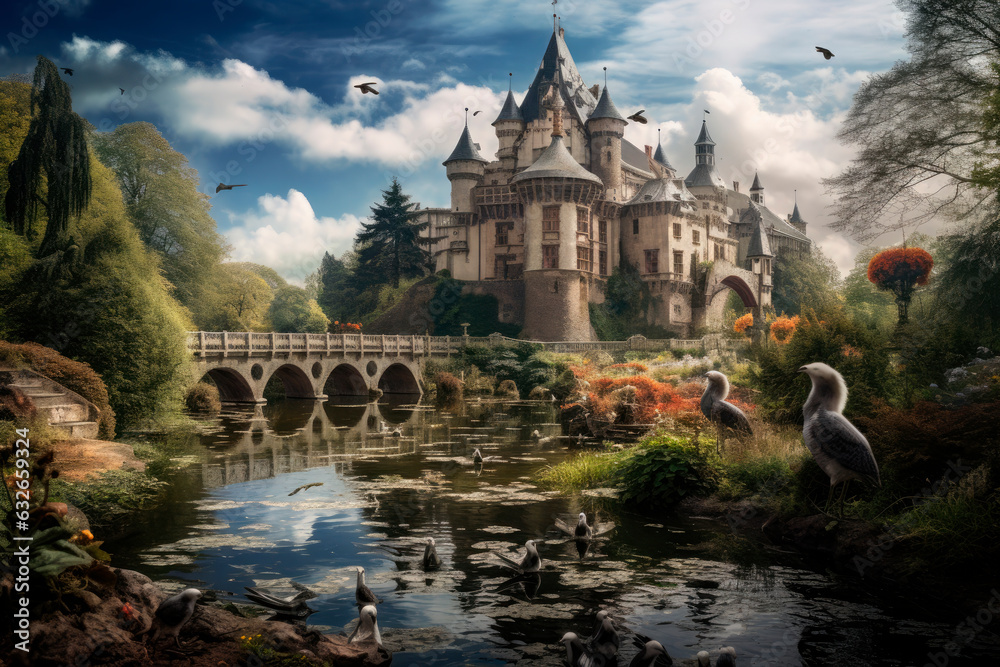 medieval fantasy castle surrounded by a garden