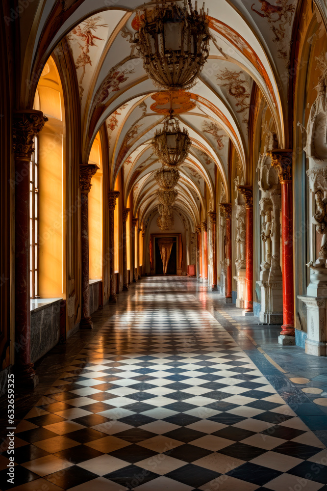 Empty long corridor of a medieval castle