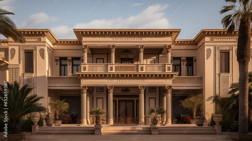 Fototapeta premium beige house with a unique facade and palm trees in front