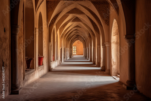 Empty long corridor of a medieval castle