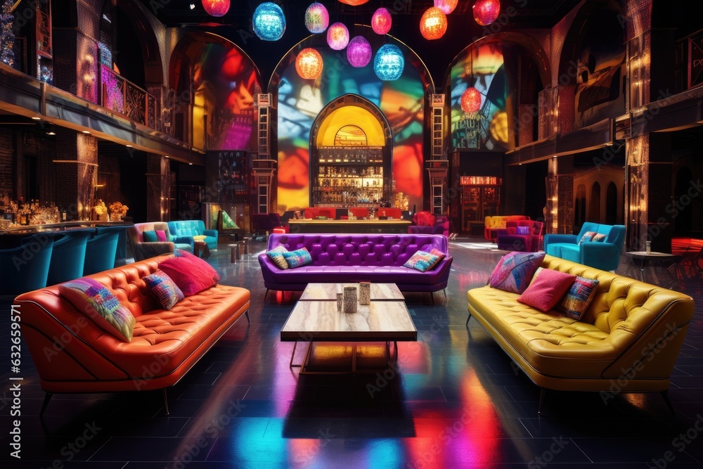 Interior of a night club with a lot of colorful furniture. A decorated night club with stylish couches and colorful cocktail tables, AI Generated