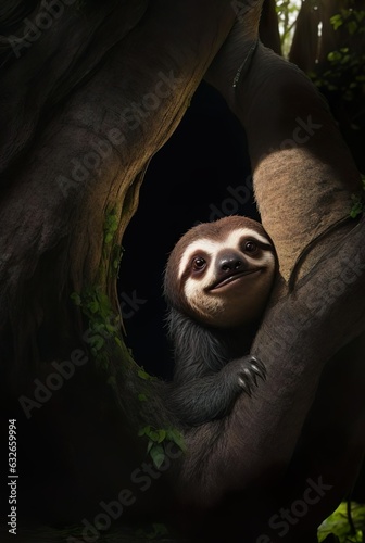 The Enigmatic Sloth Amidst Ancient Shadows, Illuminated by Strobist Lighting photo