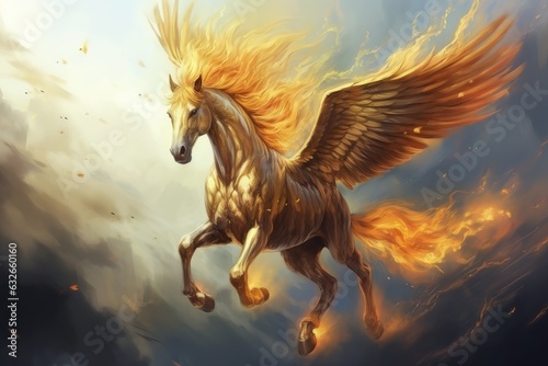 Horse flying in the sky with fire effect. Fantasy illustration. A flying horse with a golden mane. Fantasy concept   Illustration painting  AI Generated