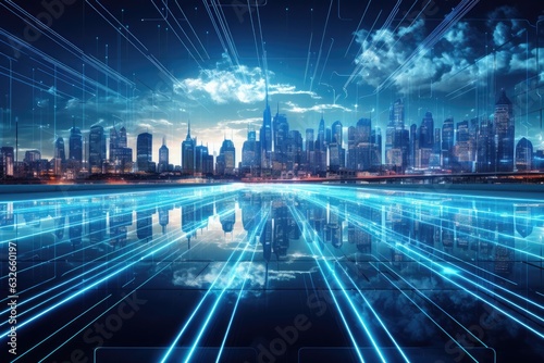 abstract cyber technology concept on the modern city background. 3d rendering, A futuristic urban city background with blue network connection lines and hologram effect, AI Generated
