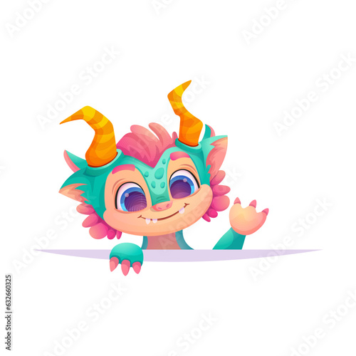 Photographie Baby fire dragon or dinosaur waving and smiling