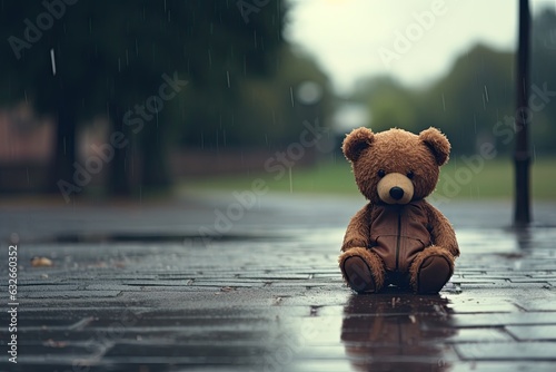 A teddy bear sitting alone while rainning. Generative AI