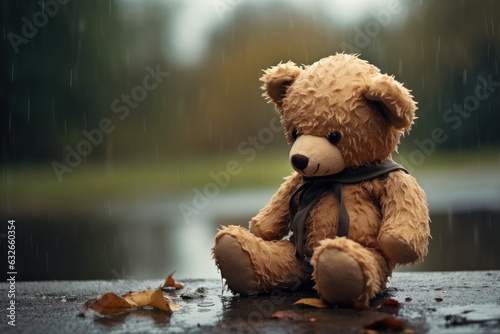 A teddy bear sitting alone while rainning. Generative AI