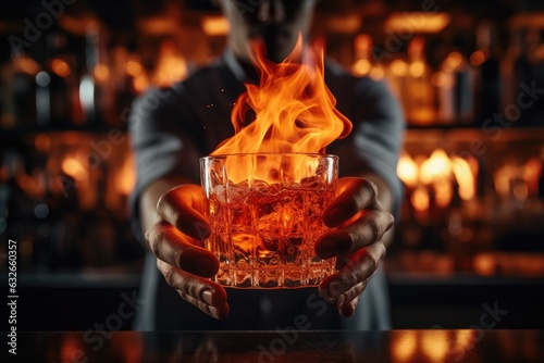 Bartender holding a glass of whiskey with ice in his hands, A glass of fiery cocktail on the bar counter against the background of bartenders hands with fire, AI Generated