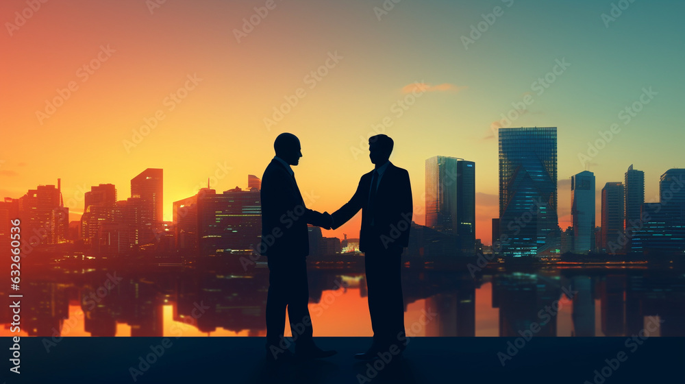 Create a dramatic silhouette of businessmen shaking hands against a vibrant city skyline at sunset, signifying the dawn of a promising partnership.