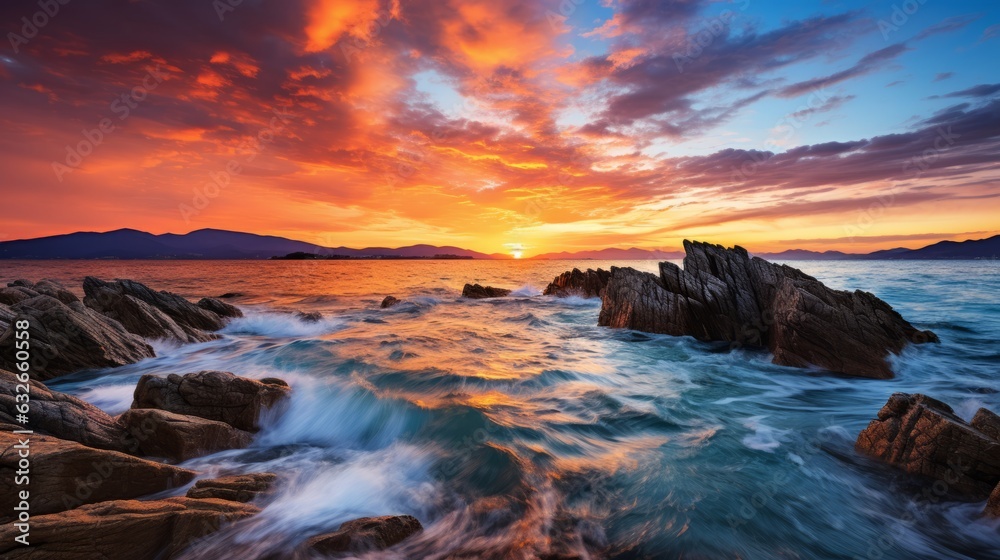 Photo of a breathtaking sunset over the ocean with rocks in the foreground created with Generative AI technology Photo of a breathtaking sunset over the ocean with rocks in the foreground created with Generative AI technology