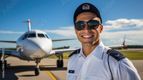 Commercial flight pilot stands in front of a passenger airplane.