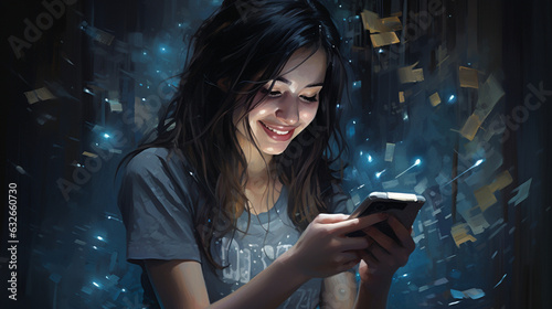 Capture the joy on the young woman's face as she reads a heartwarming message on her phone, evoking the powerful emotions technology can convey." 