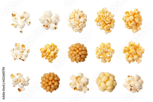 Set / Collection of popcorns isolated on transparent background PNG cutout , generative AI
