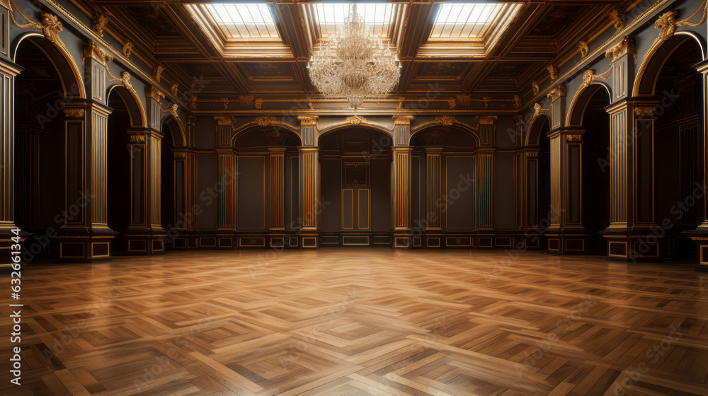 a large room with three windows on the ceiling and a parquet floor bordered by large pillars