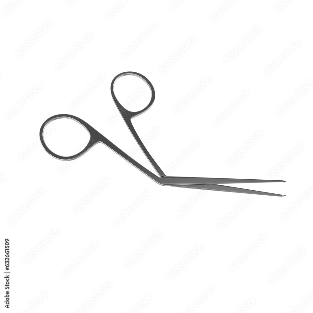 Close-up shot of curved stainless steel medical scissor on an isolated white background, Surgical Scissors Medical Tool, 3D render Close-up shot of curved stainless steel medical scissor on an isolated white background, Surgical Scissors Medical Tool, 3D render