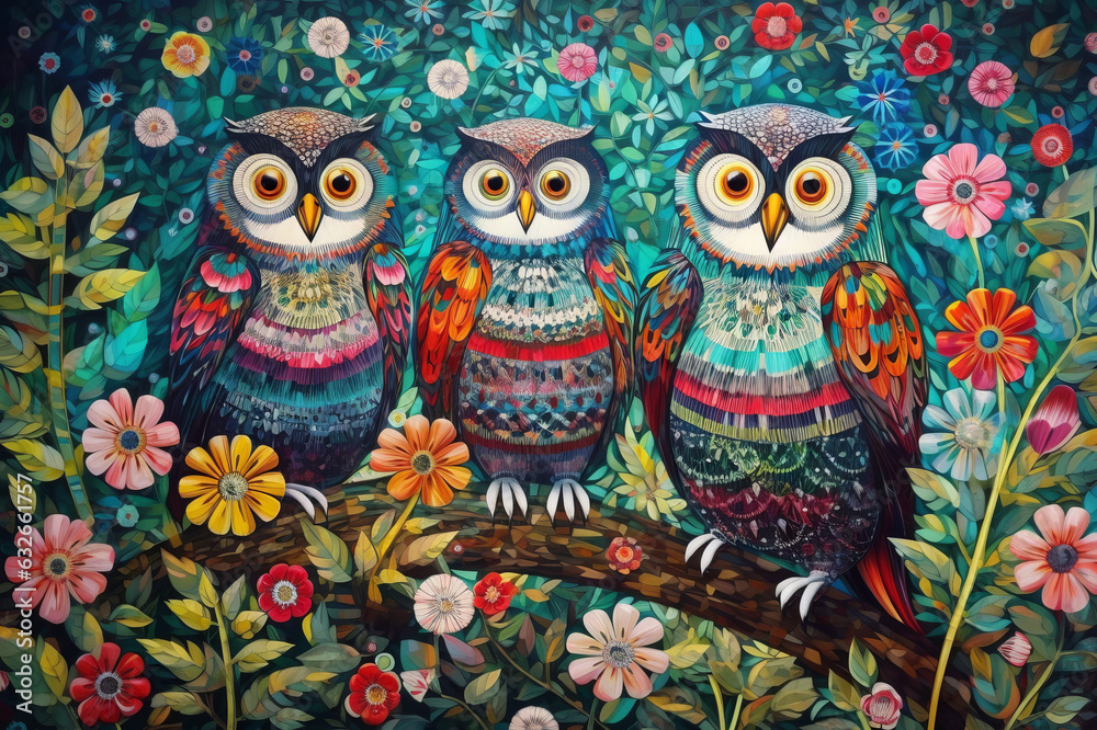 Decorative colorful picture of three cute owls among flowers