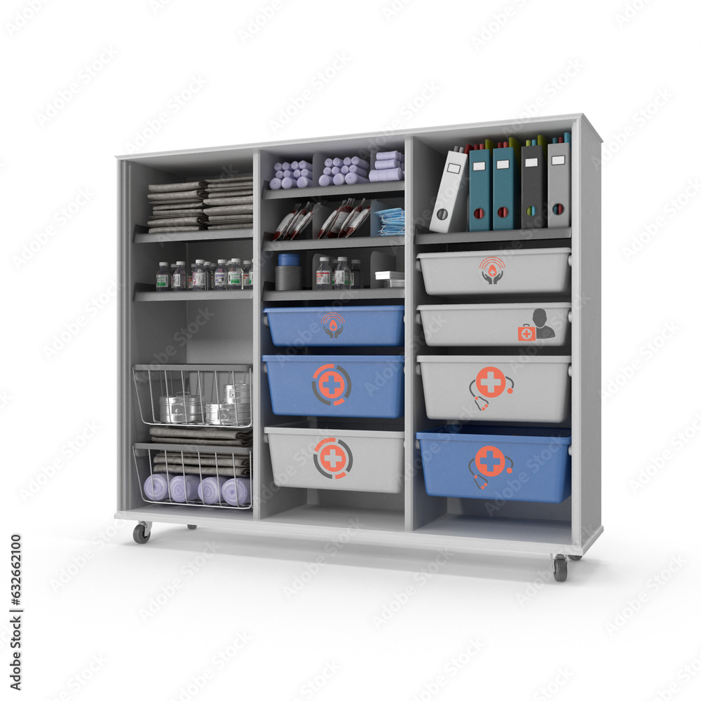 3D rendering of medical cart, Almira, Rack, and Medical Shelf Isolated on a white background. 3D rendering of medical cart, Almira, Rack, and Medical Shelf Isolated on a white background.
