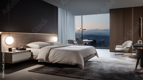 a large white bed with a gray carpet underneath and two lamps next to it with a view © Textures & Patterns