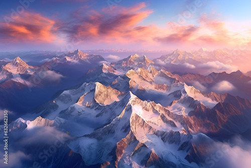 A breathtaking aerial photograph capturing the majestic beauty of a snow-covered mountain range bathed in the soft hues of a vibrant sunrise.