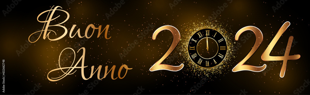 carta o banner per augurare un felice 2024 in oro con lo 0 rappresentato da un orologio e glitter dorati tutt'intorno su uno sfondo sfumato da marrone a nero