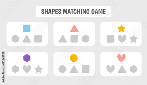 Game for children. Find the correct shape or match shapes. Logic worksheet for kids. Development of attention, memory, thinking. Vector colorful illustration