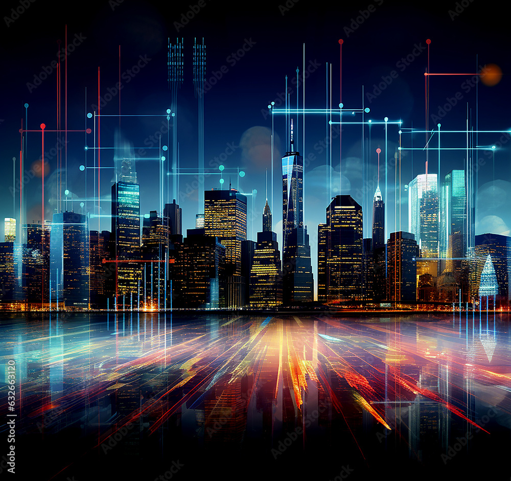 Financial trading graphs on New York City background ai illustration.