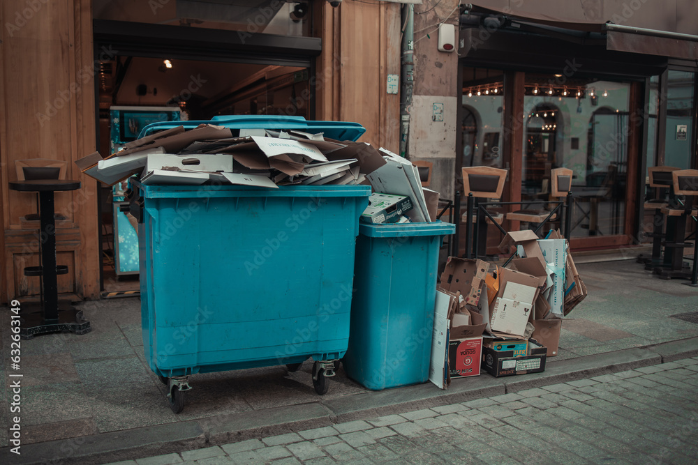 Rows of garbage cans of different colors in an alley in the city center, near a city cafe or restaurant. High quality photo