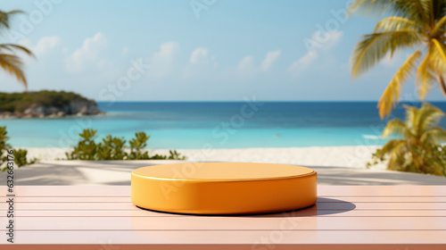3d yellow podium with copy space for product display presentation on palm beach and blue sky background. Tropical summer and vacation concept. Graphic art design. © tonktiti