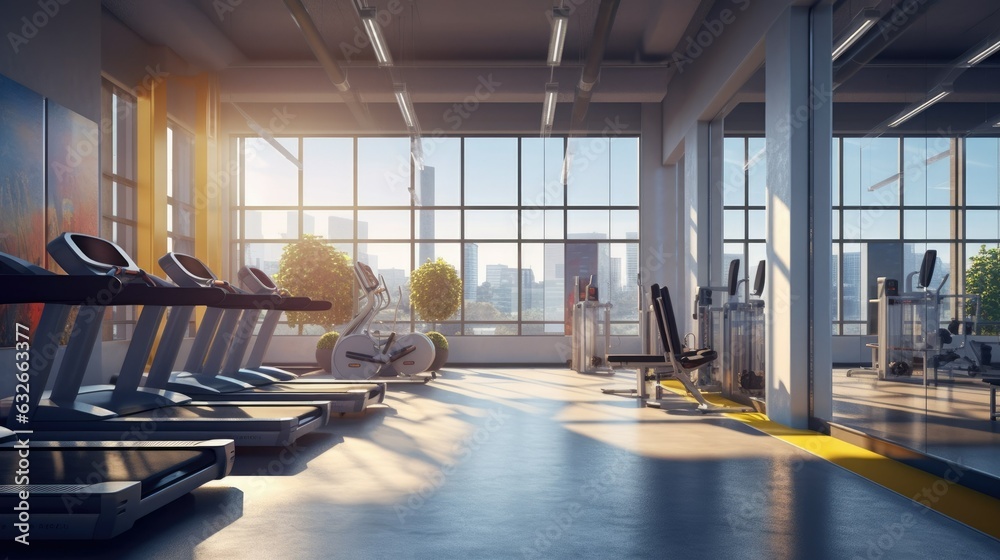 Interior of a modern fitness center gym club. Fitness concept, ai generative Interior of a modern fitness center gym club. Fitness concept, ai generative