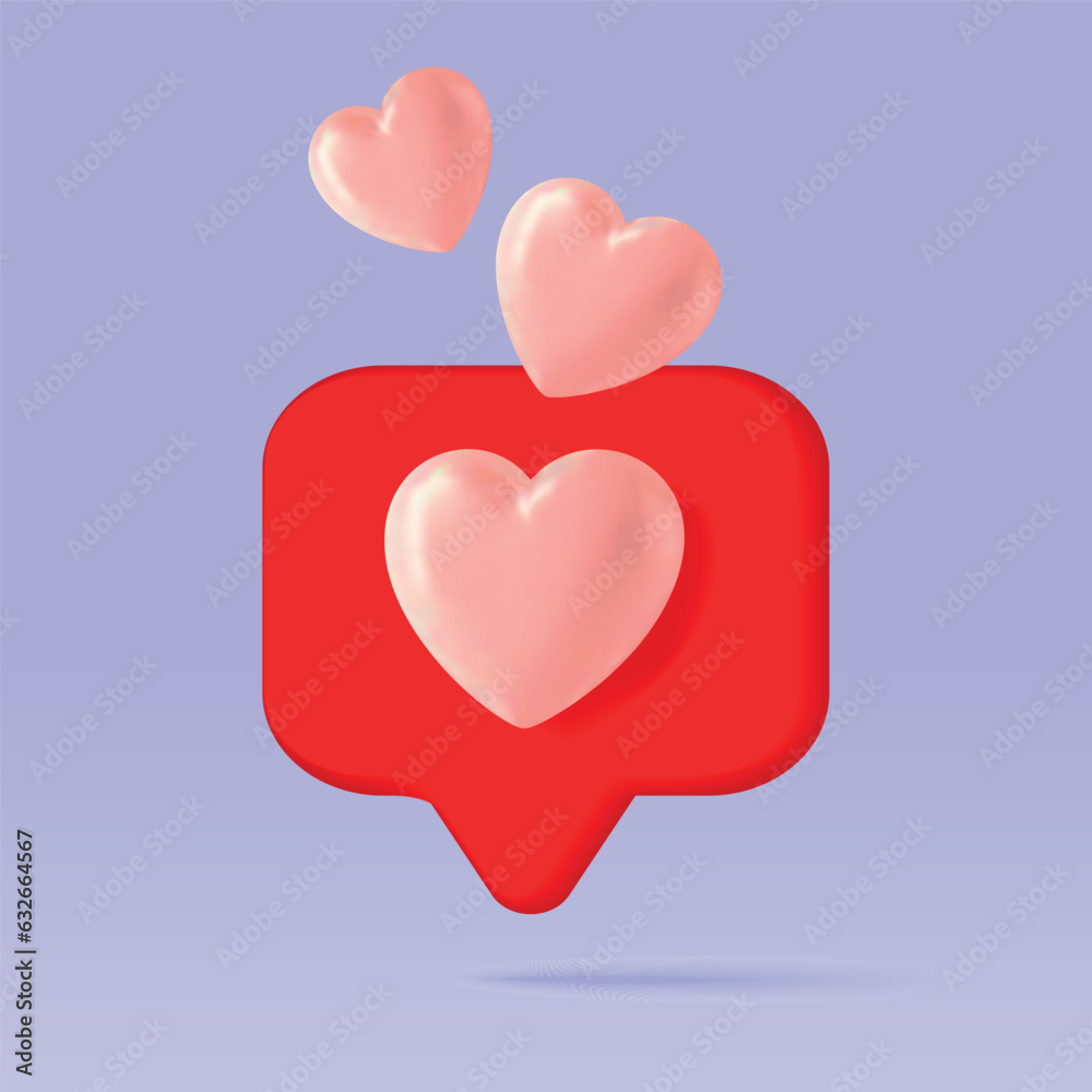 3d Red heart cartoon icon. Social media with love emoji symbol, chat bubble. vector illustration