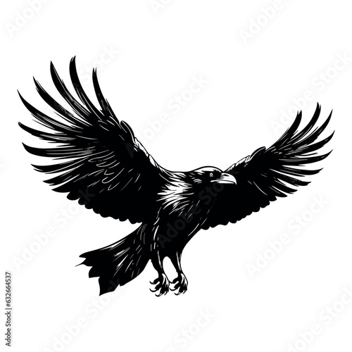 Flying black raven isolated on white background.vector illustration