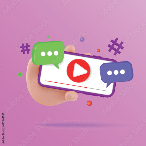 3d model of hand holding phone with live broadcast and emotional video.3d vector illustration of live entertainment video