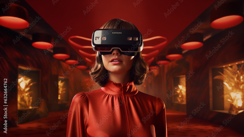 Create an immersive virtual reality experience, allowing viewers to step into a 60s-inspired setting with a beautiful woman as their guide.