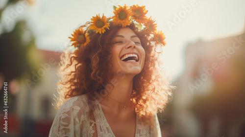 Capture the carefree spirit of the 60s in a bokeh-laden shot of a woman laughing, wearing a flower crown and embodying the era's free-spiritedness." 