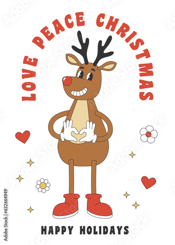 Christmas greeting card with reindeer in groovy retro style. Template for Merry Christmas and Happy New year greeting card, poster, party invitation