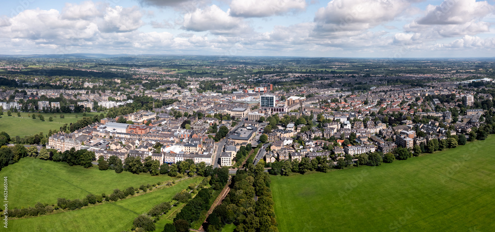 Aerial townscape view of Harrogate skyline and The Stray public park