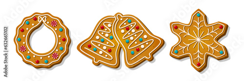 Christmas gingerbread cookies. Winter homemade xmas sweets in shape of snowflake, festive bells and wreath. Cartoon vector illustration