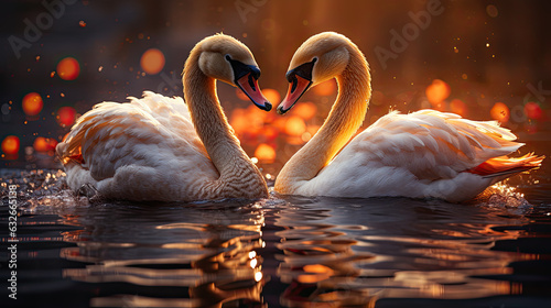 Fototapeta Naklejka Na Ścianę i Meble -  swans are swimming in the water and sun is setting, in the style of light gold and light amber