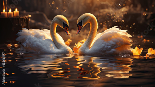 swans are swimming in the water and sun is setting, in the style of light gold and light amber