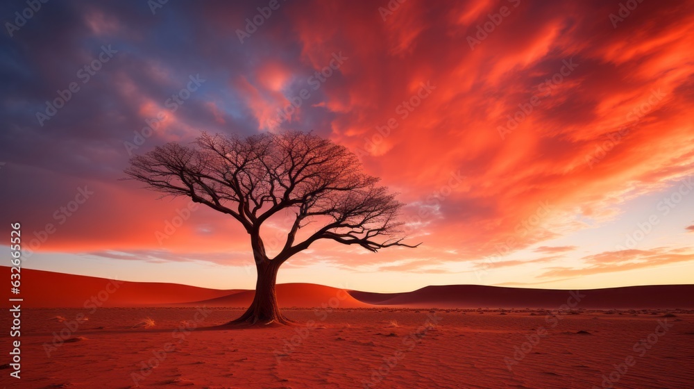 Photo of a solitary tree standing in the barrenness of a desert landscape - Created with AI technology