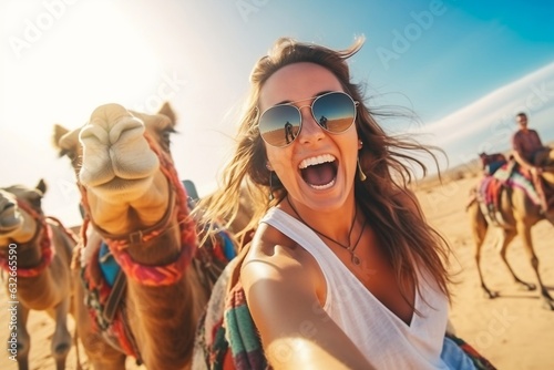 Happy woman posing with camel on a camel ride Generative Ai photo